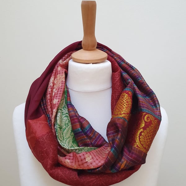 Sari silk double sided infinity scarf. Shades of burnt orange, burgundy, green a