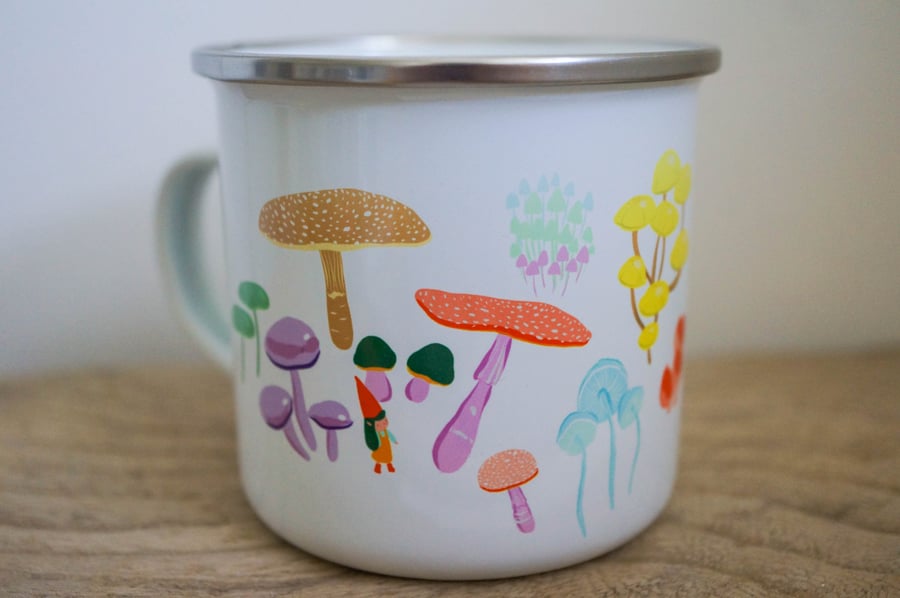 Enamel Mug Fungi With Gnome Children Picnic Mug Autumnal Woodland Design
