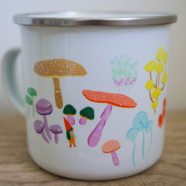 Enamel Mug Fungi With Gnome Children Picnic Mug Autumnal Woodland Design