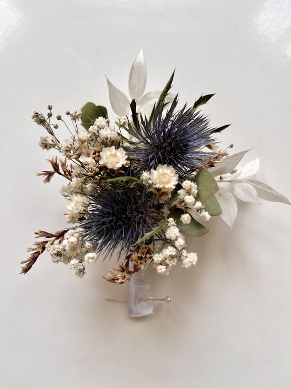 Dried Blue Thistle Buttonhole Boho Wedding,Everlasting, Natural Boutonniere 