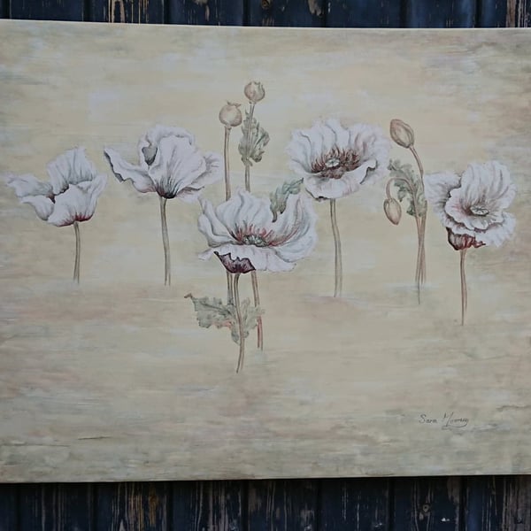 pink and white poppies floating across the misty watercolour canvas.