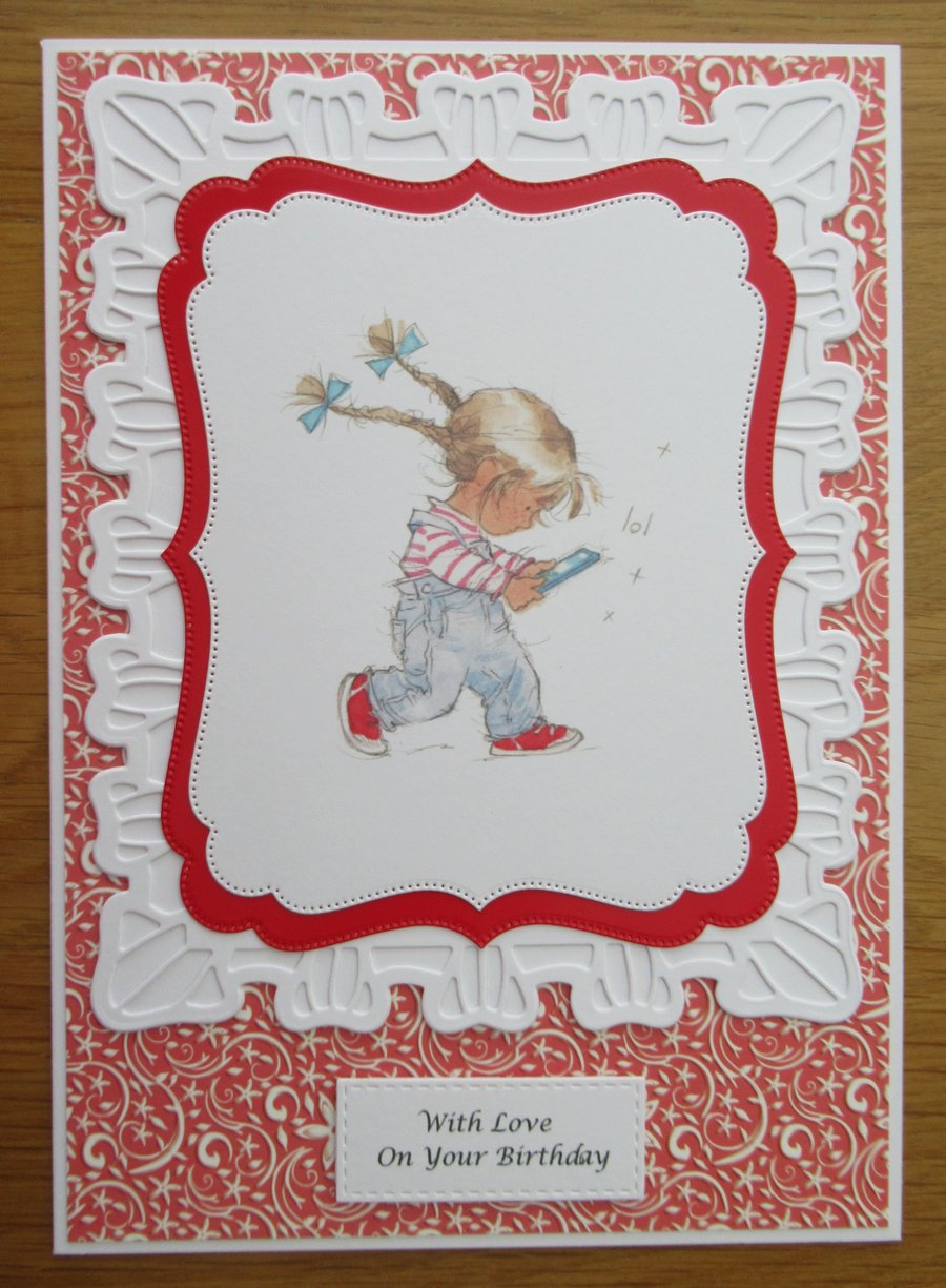 Girl With Pigtails Looking at Her Phone - A5 Birthday Card