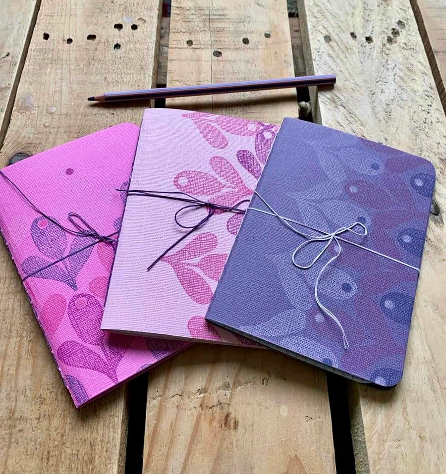 Set of 3 Hand Bound and Hand-printed Journals. Pinks and Purples.