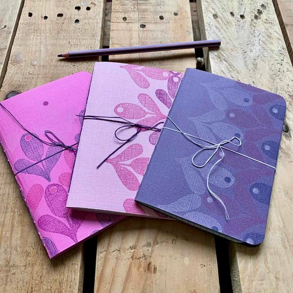 Set of 3 Hand Bound and Hand-printed Journals. Pinks and Purples.