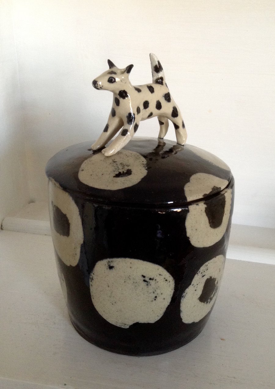 Storage jar or container for dog lovers in black and white with spotted dog lid