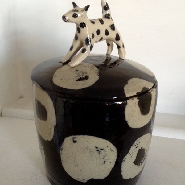 Storage jar or container for dog lovers in black and white with spotted dog lid