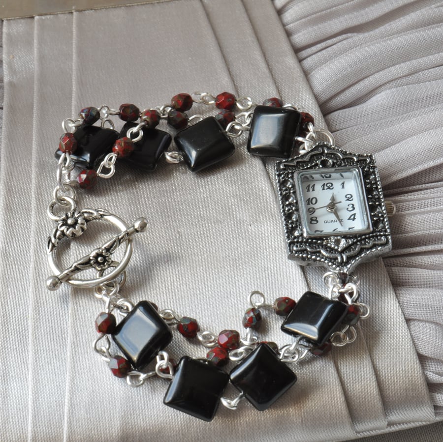Black Agate & Red Czech Picasso Bead Beaded Watch