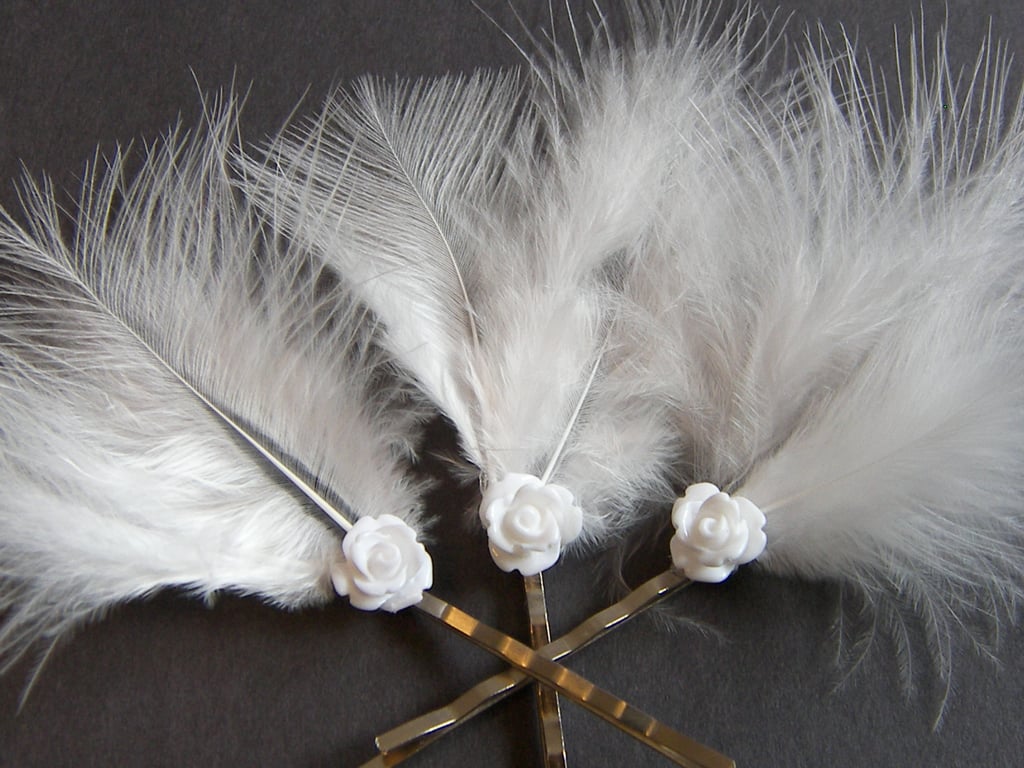 White Marabou Feather Bobby Pin Set - Bridal Wedding 