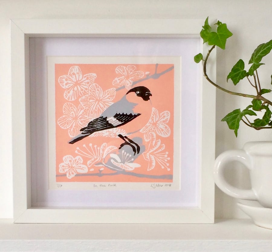 In The Pink - Bullfinch Linocut Print