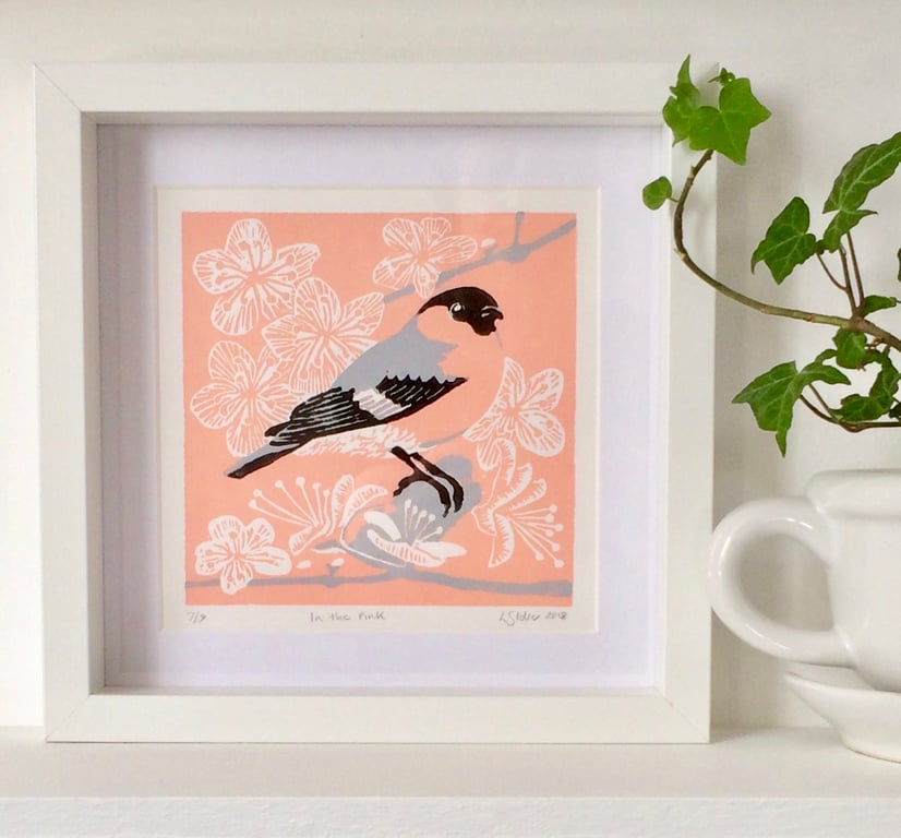 In The Pink - Bullfinch Linocut Print
