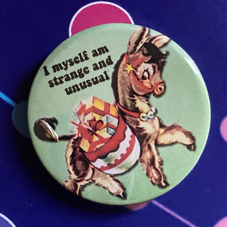 Beetlejuice themed Vintage mash-up pin badge - I Myself am Strange and Unusual