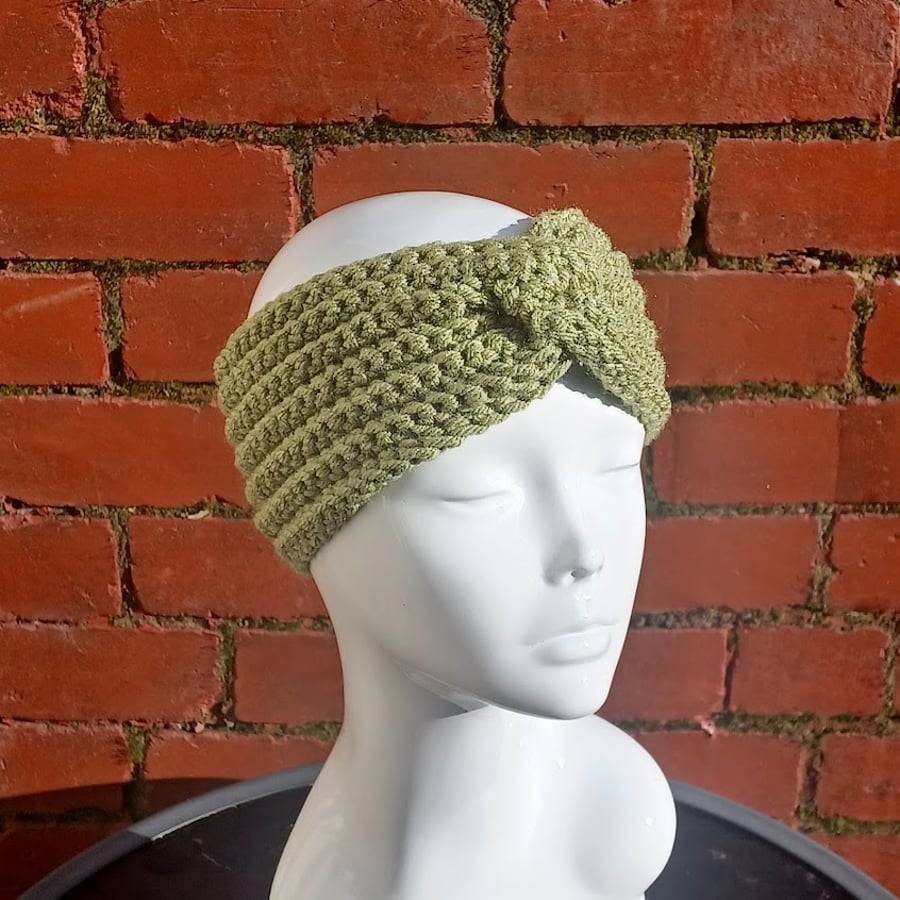 Crochet classic twisted headband, chunky green ear warmer