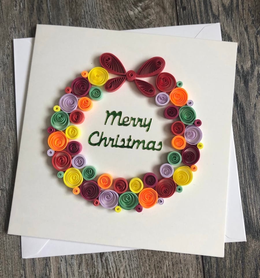Stunning Handmade Quilled Bright Wreath. Christmas Card