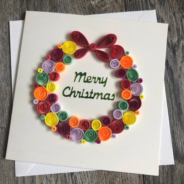 Stunning Handmade Quilled Bright Wreath. Christmas Card