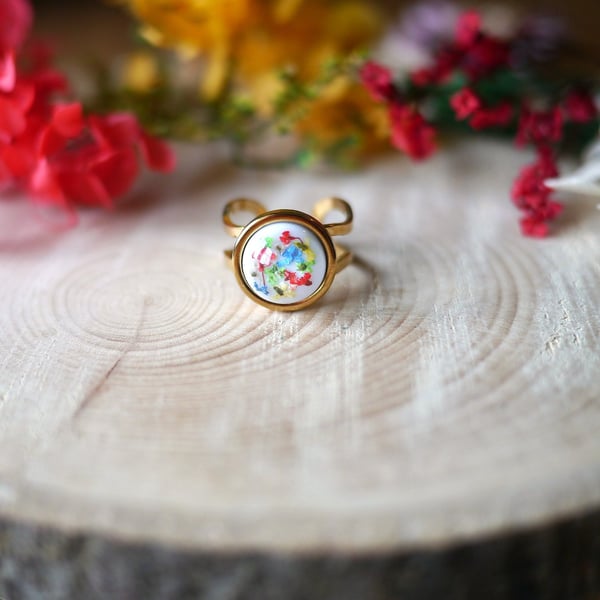 Gold, Blossom, Real Flowers, Adjustable Hypoallergenic Ring