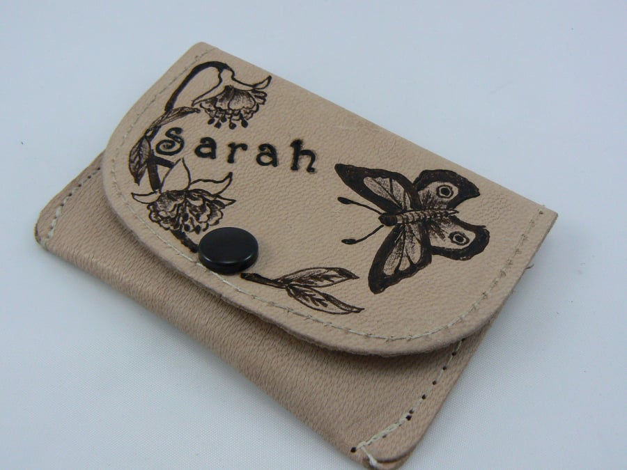 Small leather purse with name and butterfly
