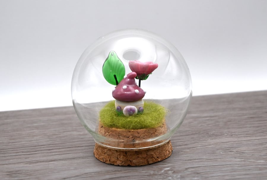 small glass pink toadstool fairy house keepsake