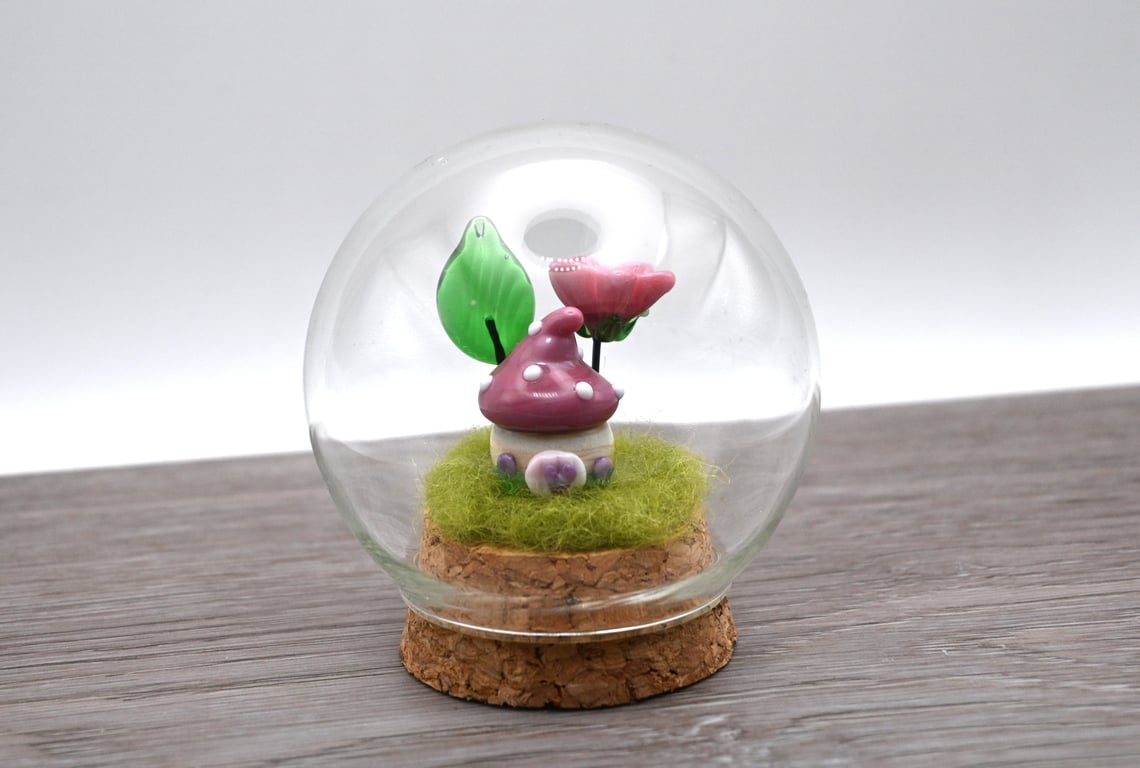 small glass pink toadstool fairy house keepsake