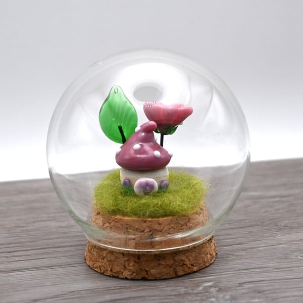 small glass pink toadstool fairy house keepsake
