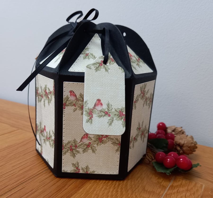 Robins design hexagonal Christmas gift box, handmade