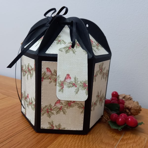Robins design hexagonal Christmas gift box, handmade