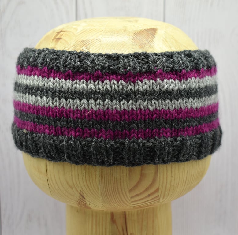 Hand Knitted striped headband ear warmers in grey, purple and black adult - XL