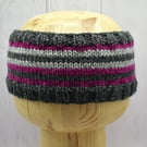 Hand Knitted striped headband ear warmers in grey, purple and black adult - XL