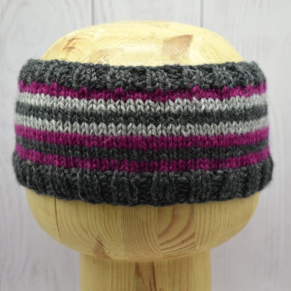 Hand Knitted striped headband ear warmers in grey, purple and black adult - XL