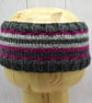 Hand Knitted striped headband ear warmers in grey, purple and black adult - XL