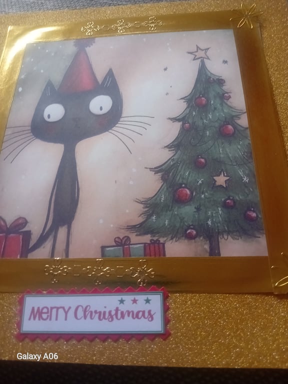 Black Cat Golden Christmas Large handmade card