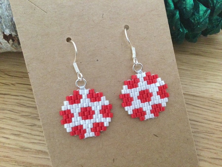 Beaded Red and White Football Earrings