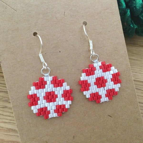 Beaded Red and White Football Earrings