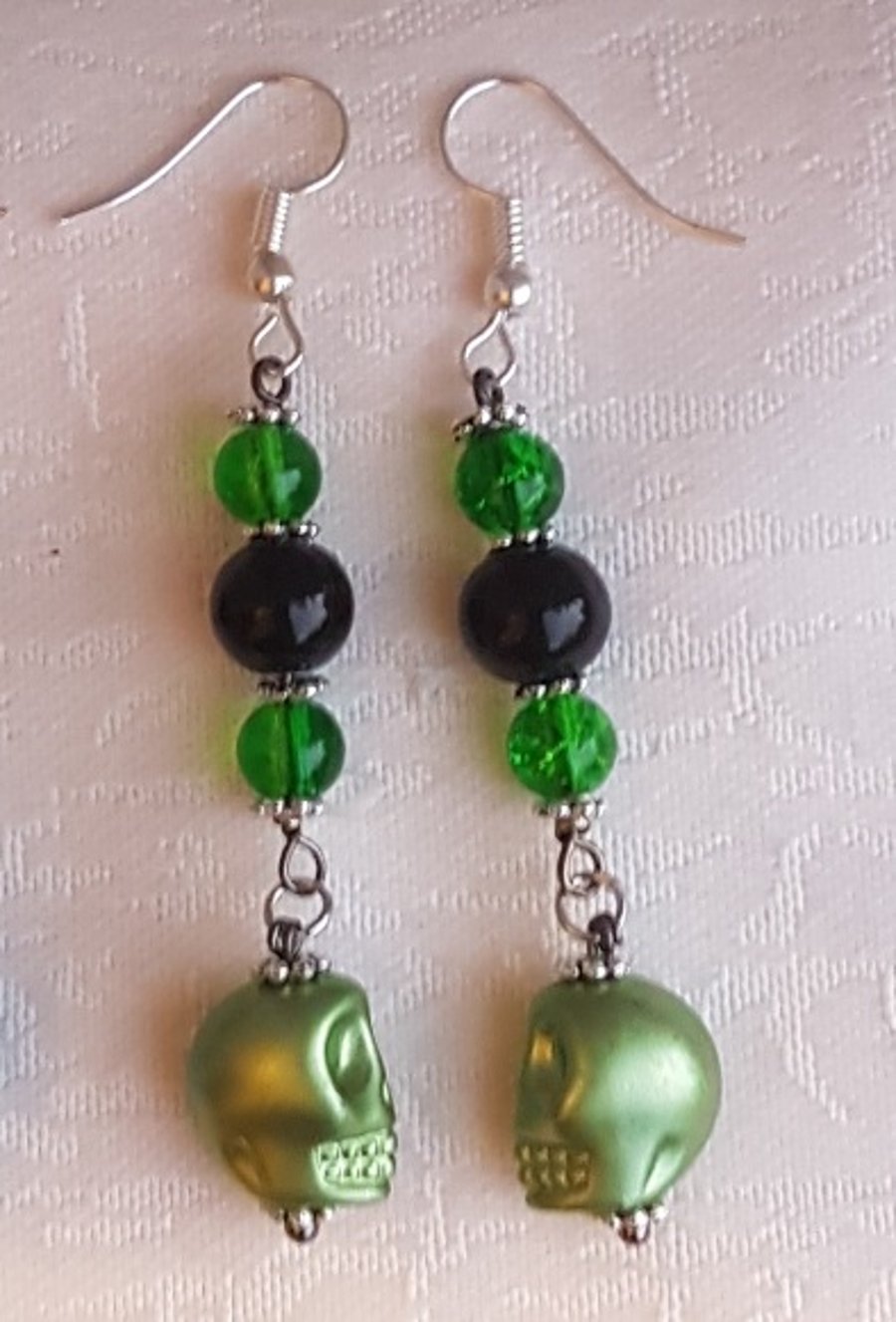 SALE - Spooky Bead and Skull dangle Earrings - Slime Green