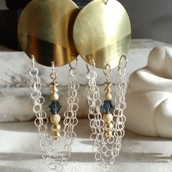 Gold, silver & blue mixed metal earrings; textured, faceted bead drop