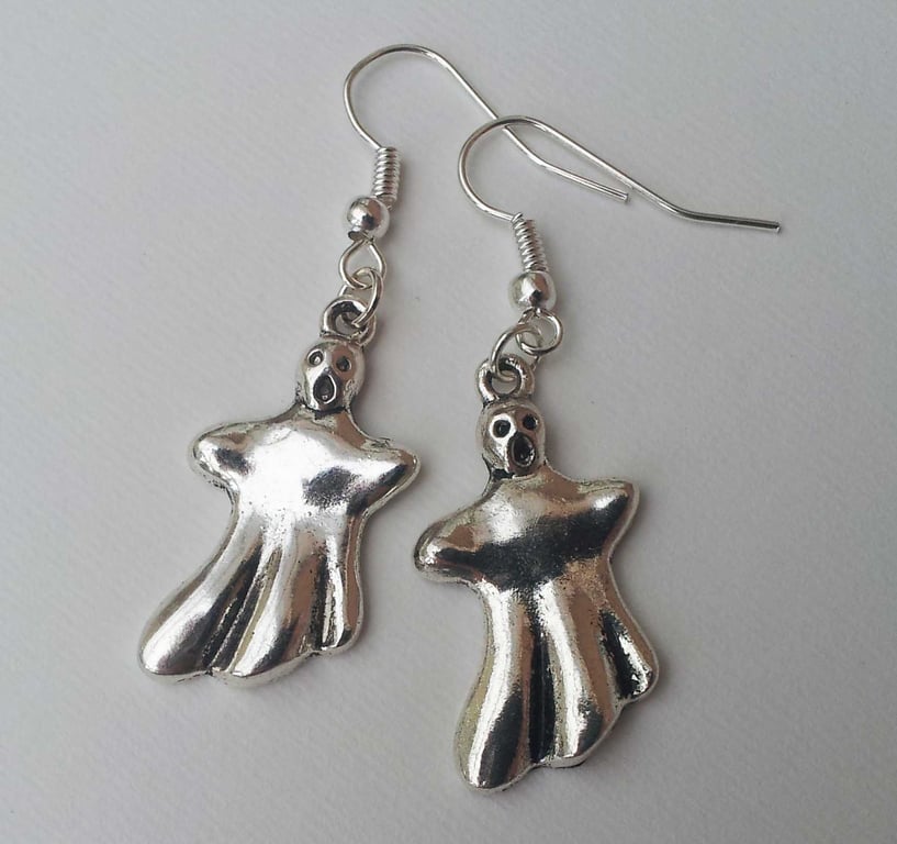 Spooky Ghost Drop Dangle Silver Plate Earrings