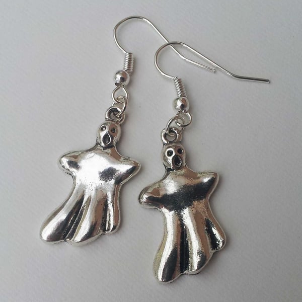Spooky Ghost Drop Dangle Silver Plate Earrings