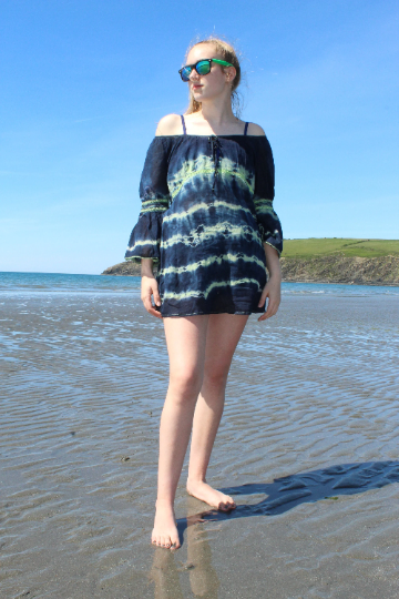 Tie dye kaftan, Ladies reworked blue and green,100% cotton,Eco beach clothing