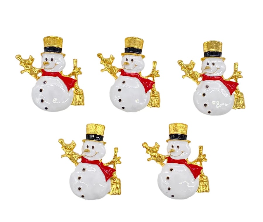 5pcs White Snowman Embellishments with Gold Embossed Rhinestone Details for Chri