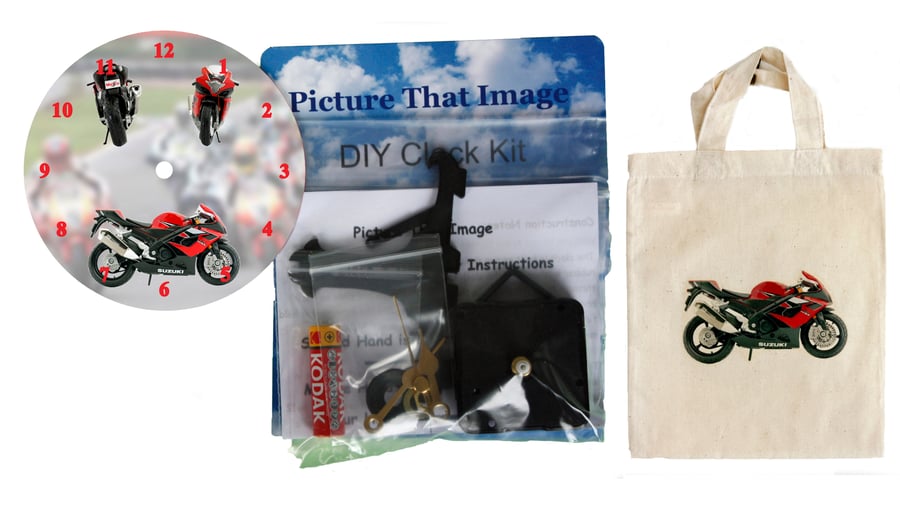DIY 12cm Clock Kit Gift Set - Motorbike in a Canvas Bag with a Motorbike Motif
