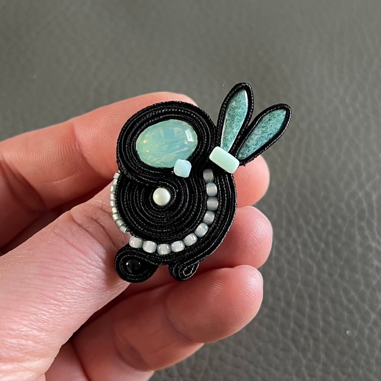Black Soutache Ring with Mint Swarovski Crystal – Handmade Cute Statement Jewell