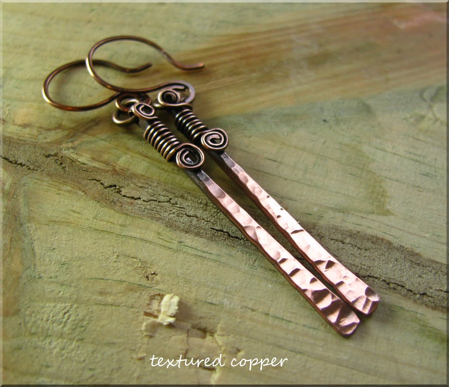 Copper 'fronds' hammered earrings
