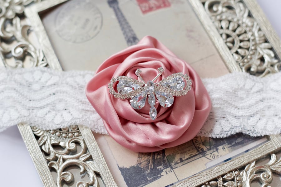 ROSITA: Butterfly Ivory & Pink Wedding Garter