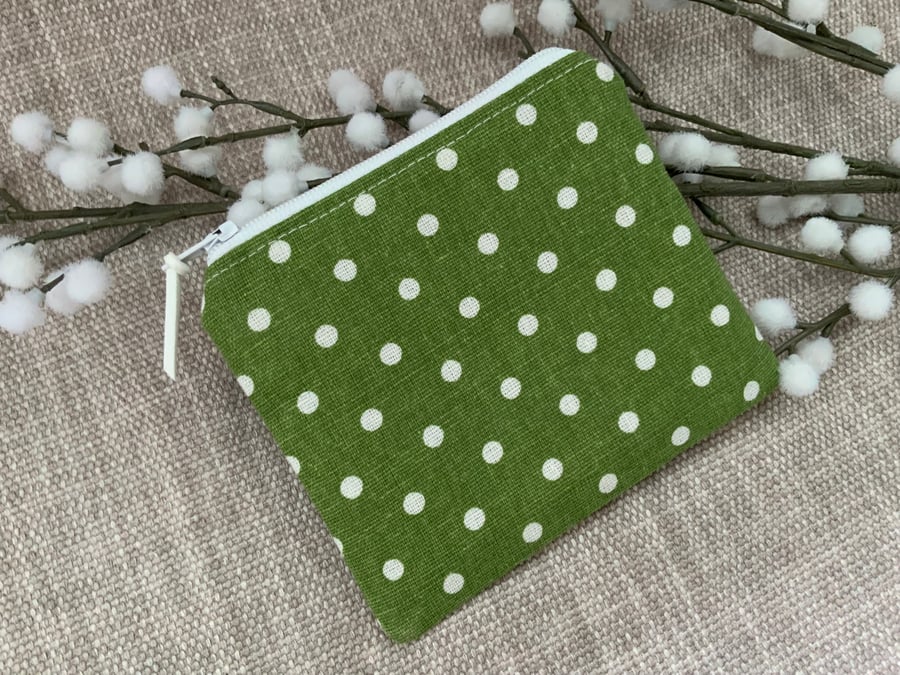 Fabric Coin Purse, Money Pouch, Zipped Purse, Purse, Card Holder, Green Spot