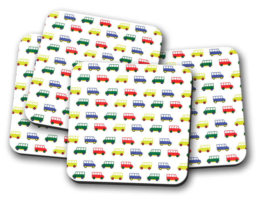 Set of 4 White with Multicoloured Camper Vans Coasters, Drinks Mat
