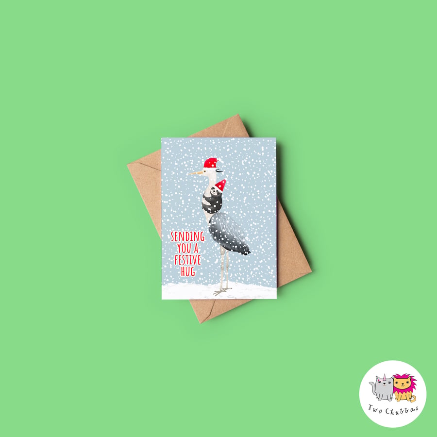 Heron and Sloth Christmas Card, A6 Christmas Card, Cute Animal Christmas Card