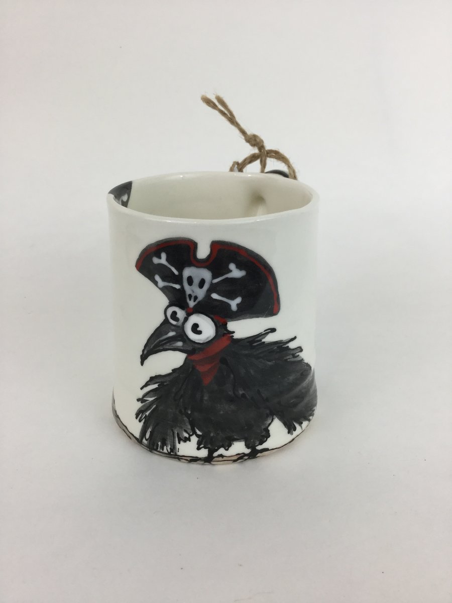 Crow mug, hand painted, earthenware