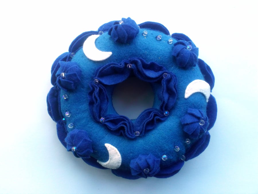 OOAK swarovski crystal wool and polyester felt donut art, Midnight Moon