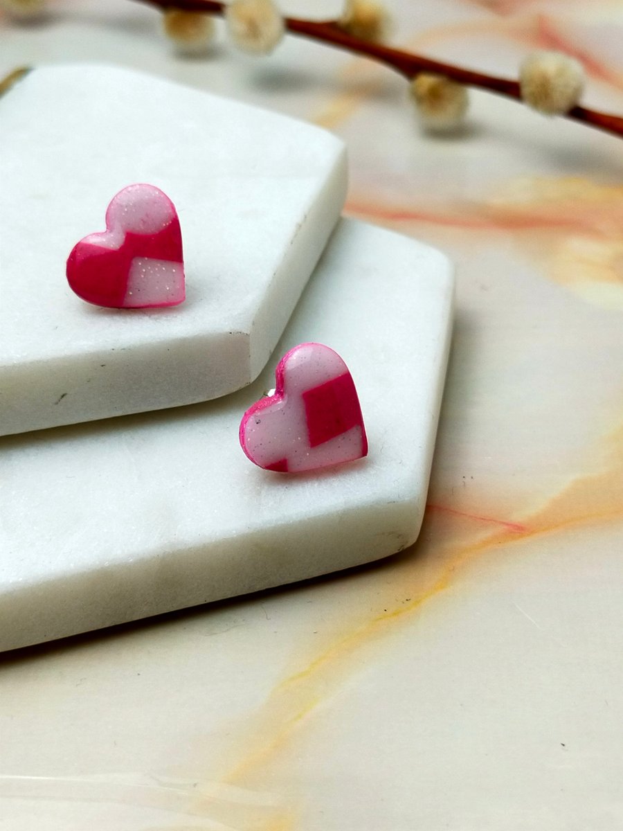 Cute Polymer Clay Heart Studs - Pink and White Check Design
