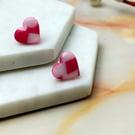 Cute Polymer Clay Heart Studs - Pink and White Check Design
