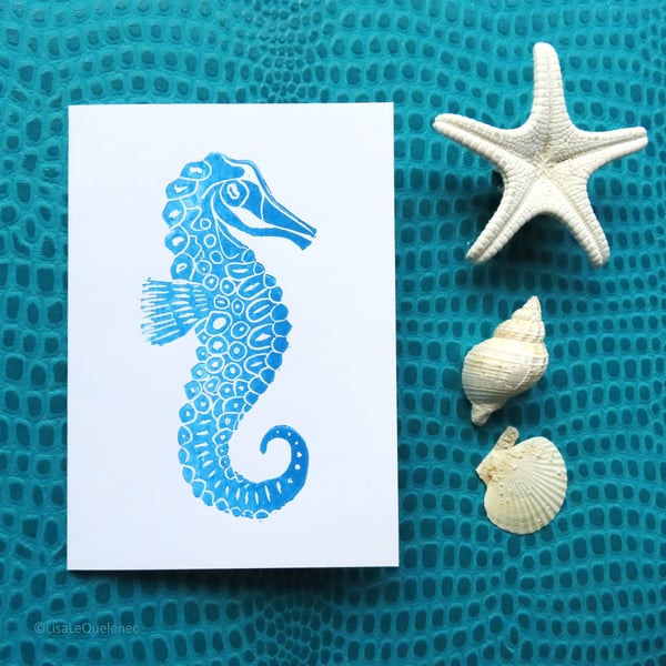 Hand printed seahorse in turquoise blue blank artist art card